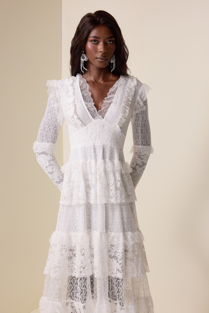 Lace Ruffle V-Neck Maxi Dress