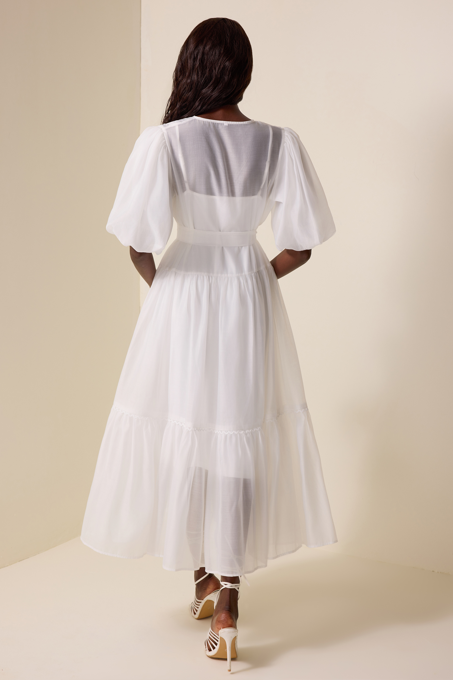 V-Neck Lantern Sleeve Lace Edge Midi Dress