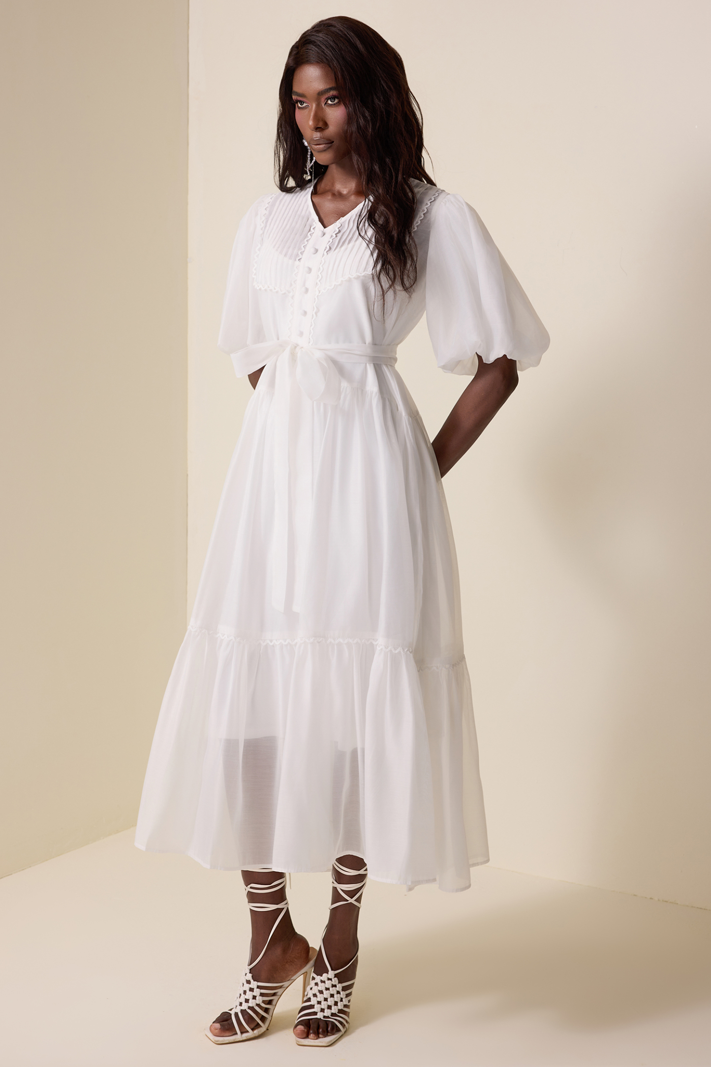 V-Neck Lantern Sleeve Lace Edge Midi Dress