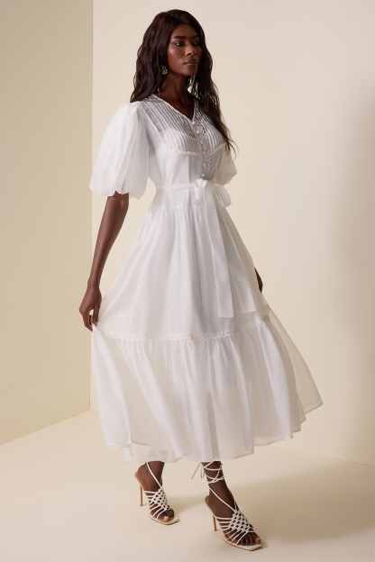 V-Neck Lantern Sleeve Lace Edge Midi Dress