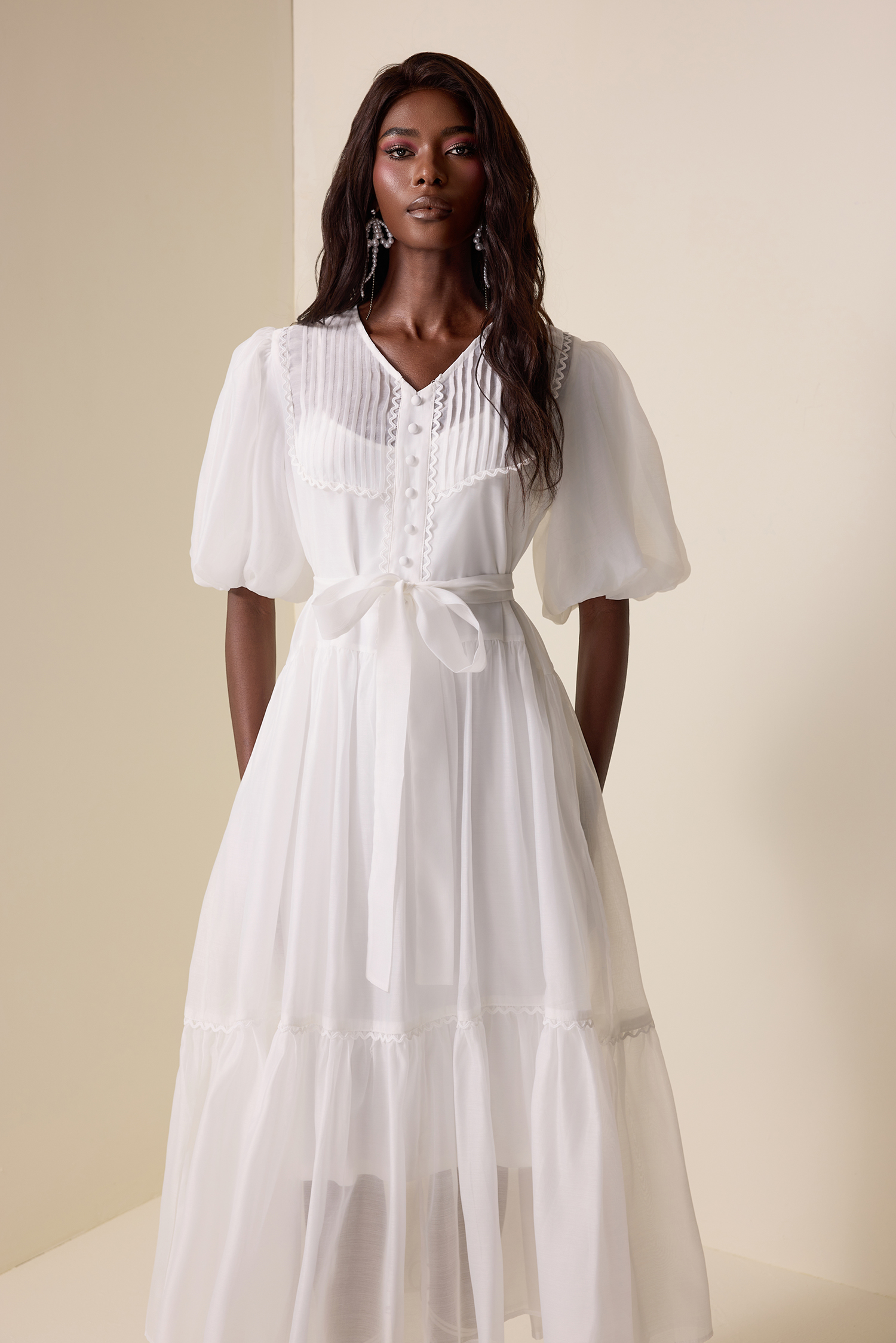 V-Neck Lantern Sleeve Lace Edge Midi Dress