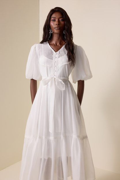 V-Neck Lantern Sleeve Lace Edge Midi Dress