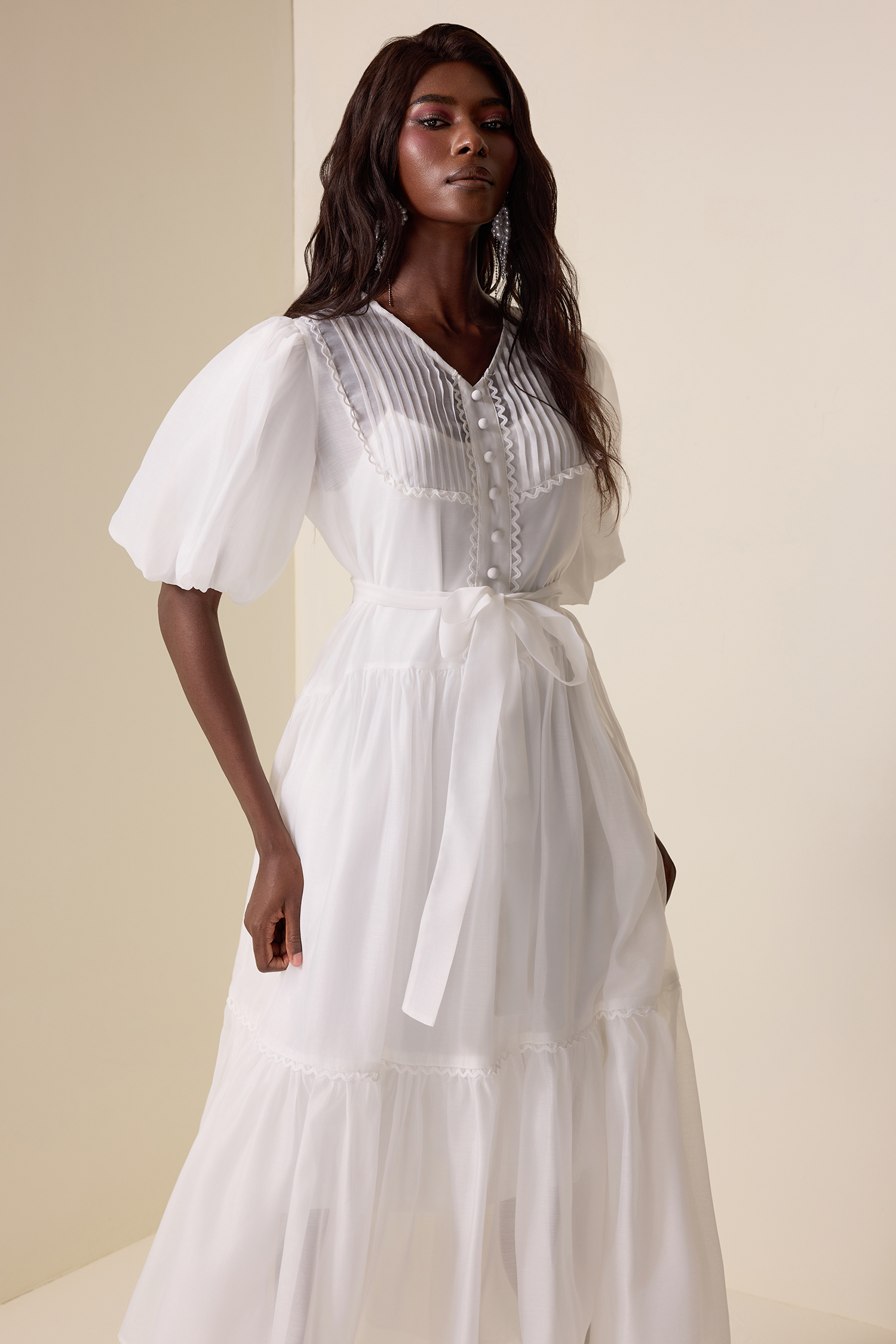 V-Neck Lantern Sleeve Lace Edge Midi Dress