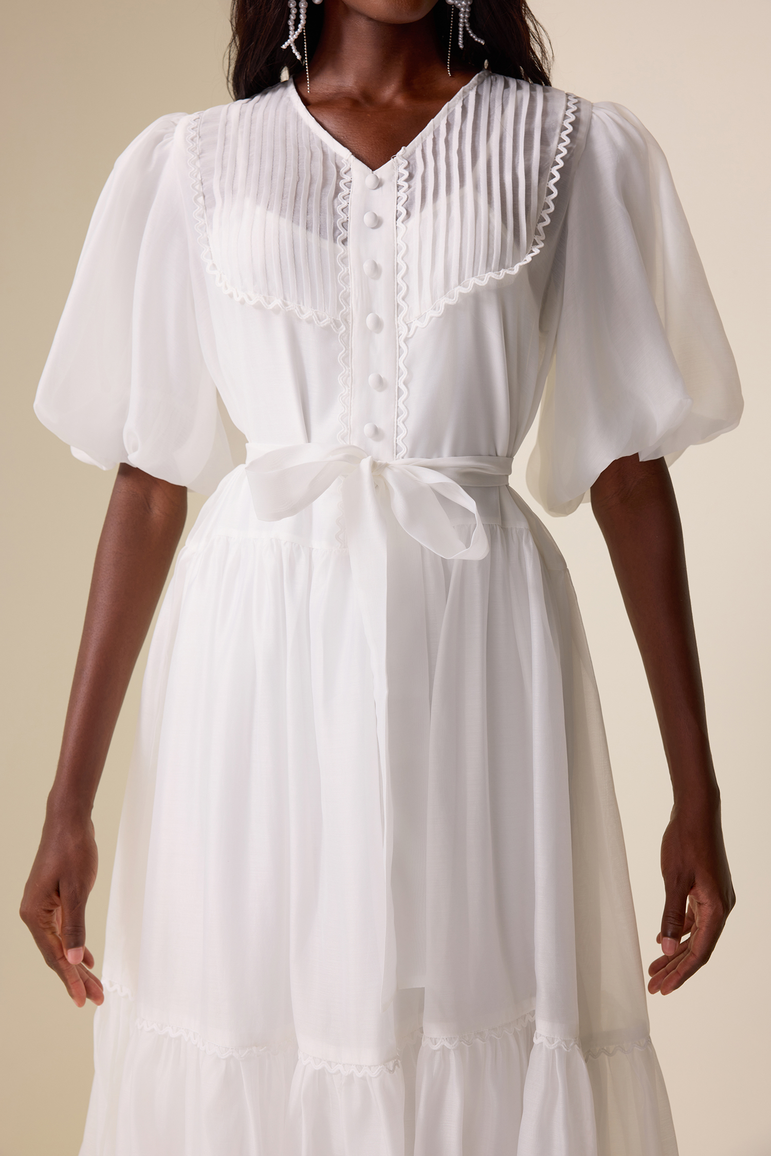 V-Neck Lantern Sleeve Lace Edge Midi Dress