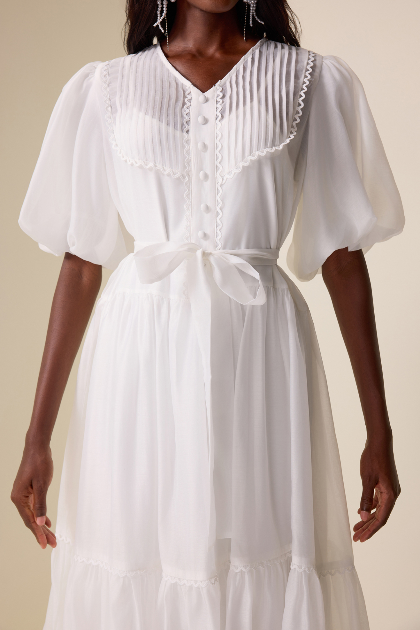 V-Neck Lantern Sleeve Lace Edge Midi Dress