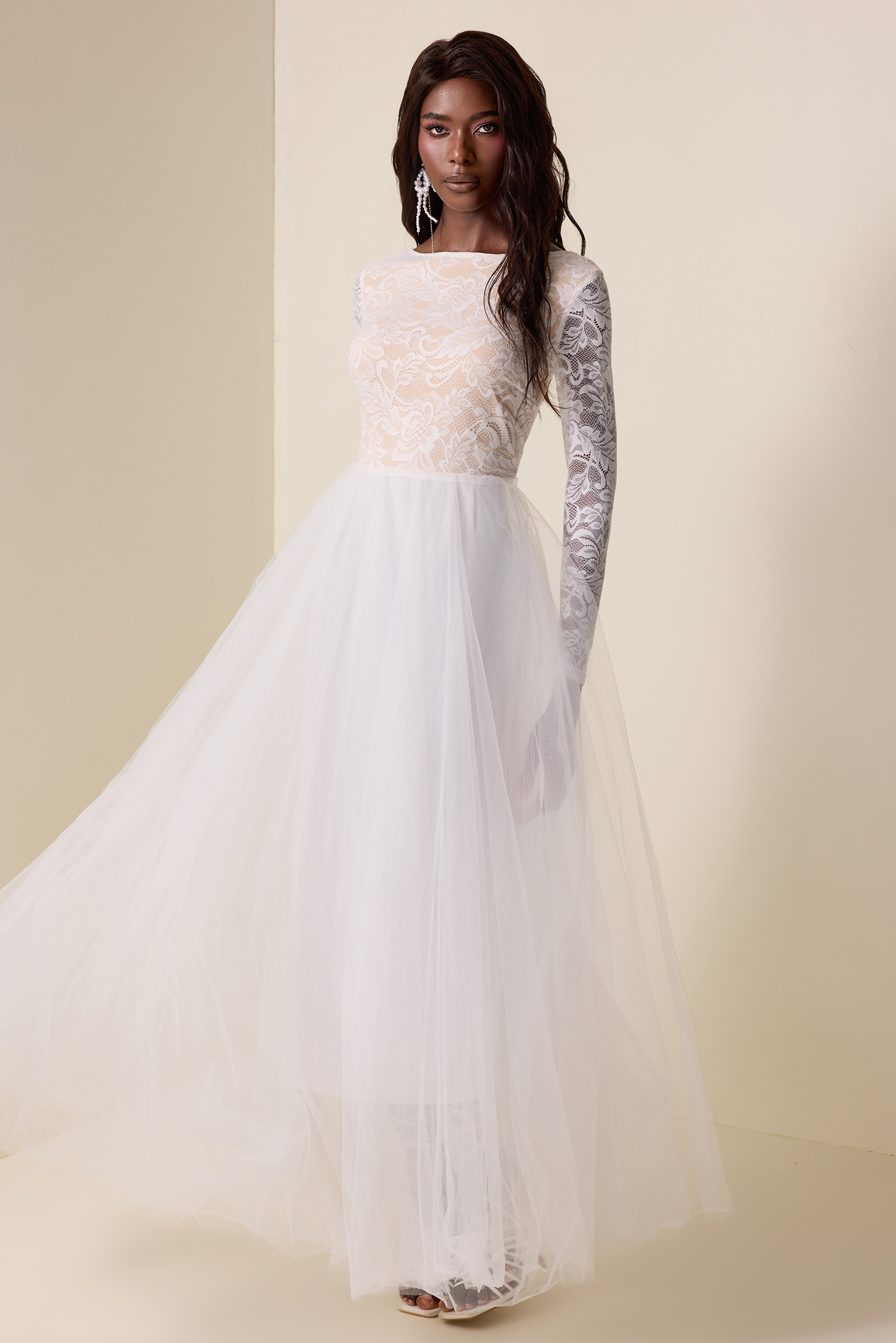 Lace Round Neck Long Sleeve Maxi Dress