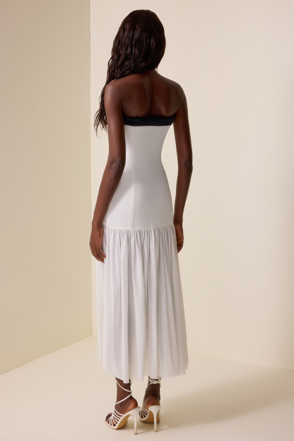 Contrast Color Splicing Off-Shoulder Midi Dress