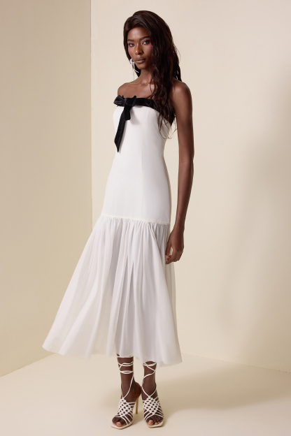 Contrast Color Splicing Off-Shoulder Midi Dress