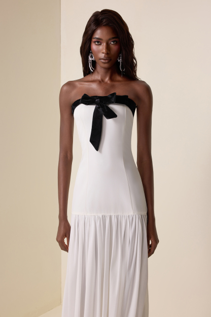 Contrast Color Splicing Off-Shoulder Midi Dress