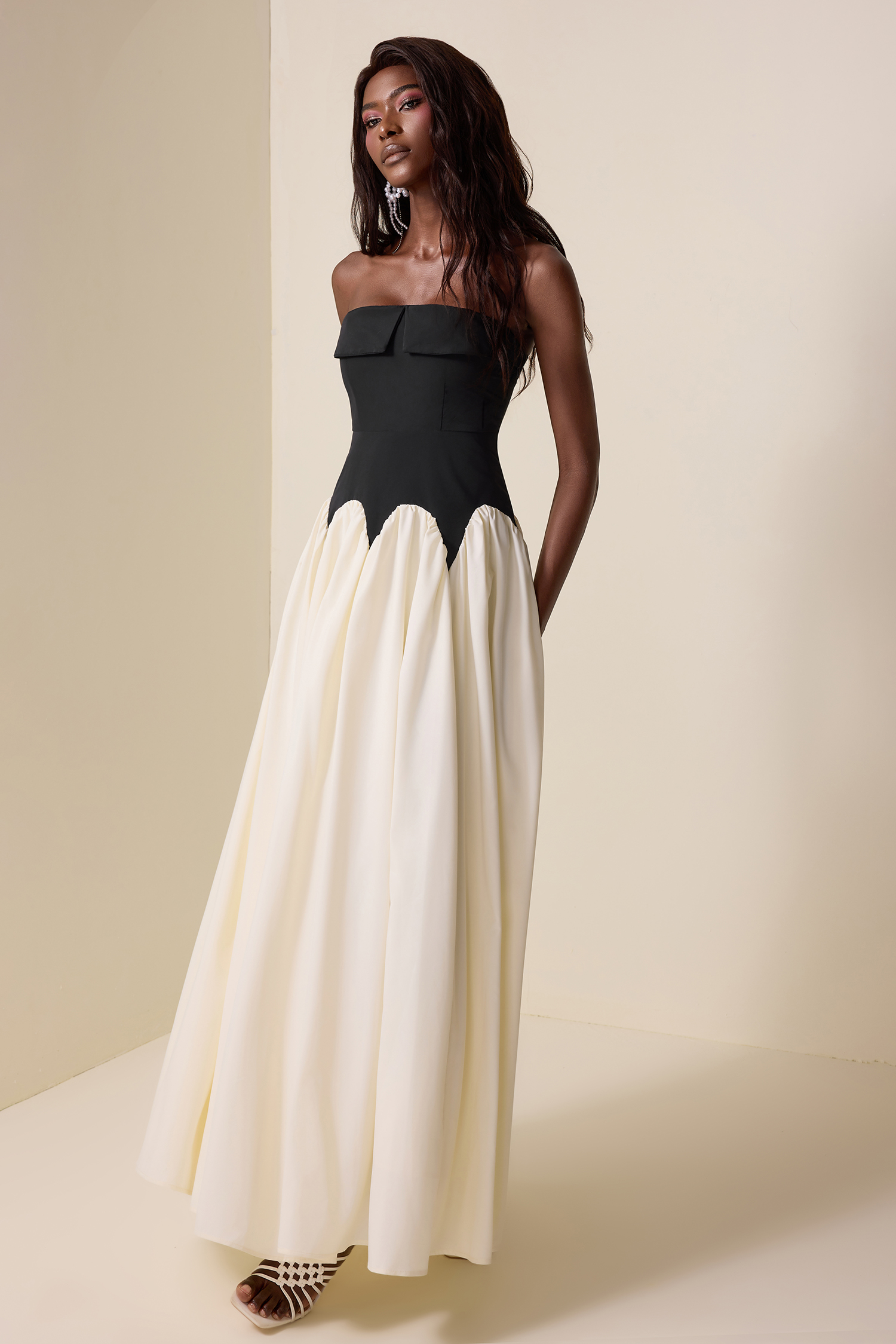 Splicing Contrast Color Off-Shoulder Maxi Dress