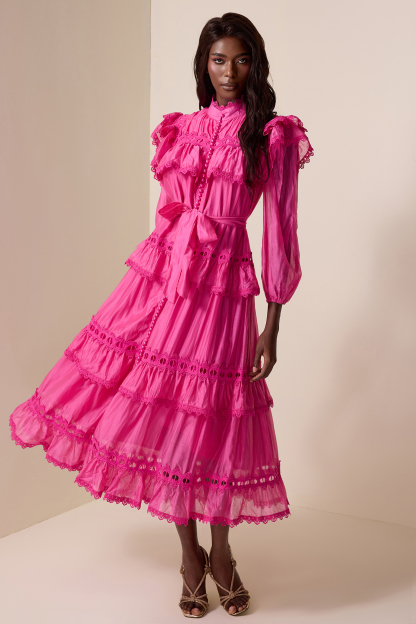 Lace Faux Pearl Button Midi Dress