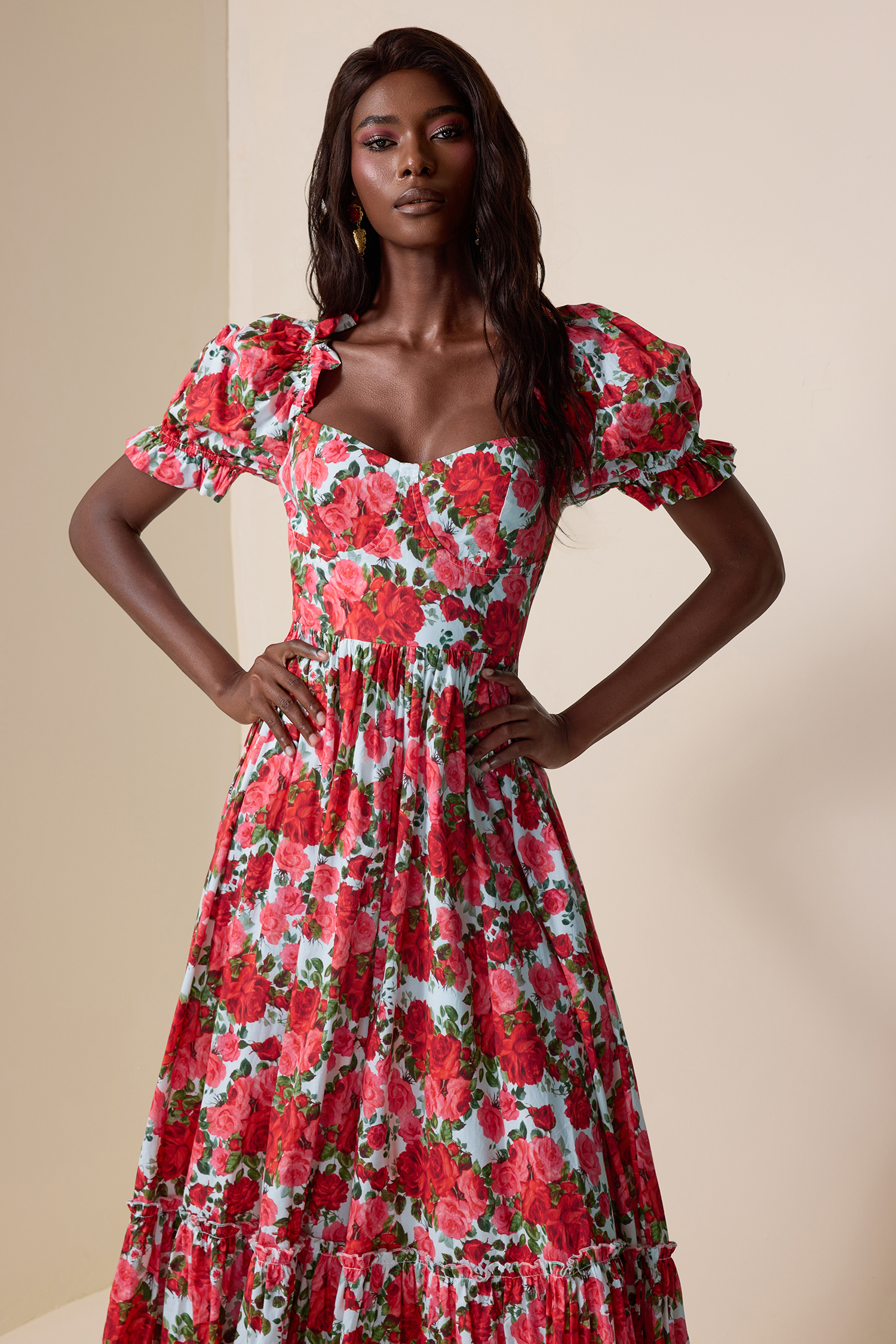 Floral Frill Puff Sleeve Maxi Dress