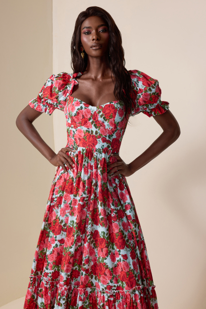 Floral Frill Puff Sleeve Maxi Dress