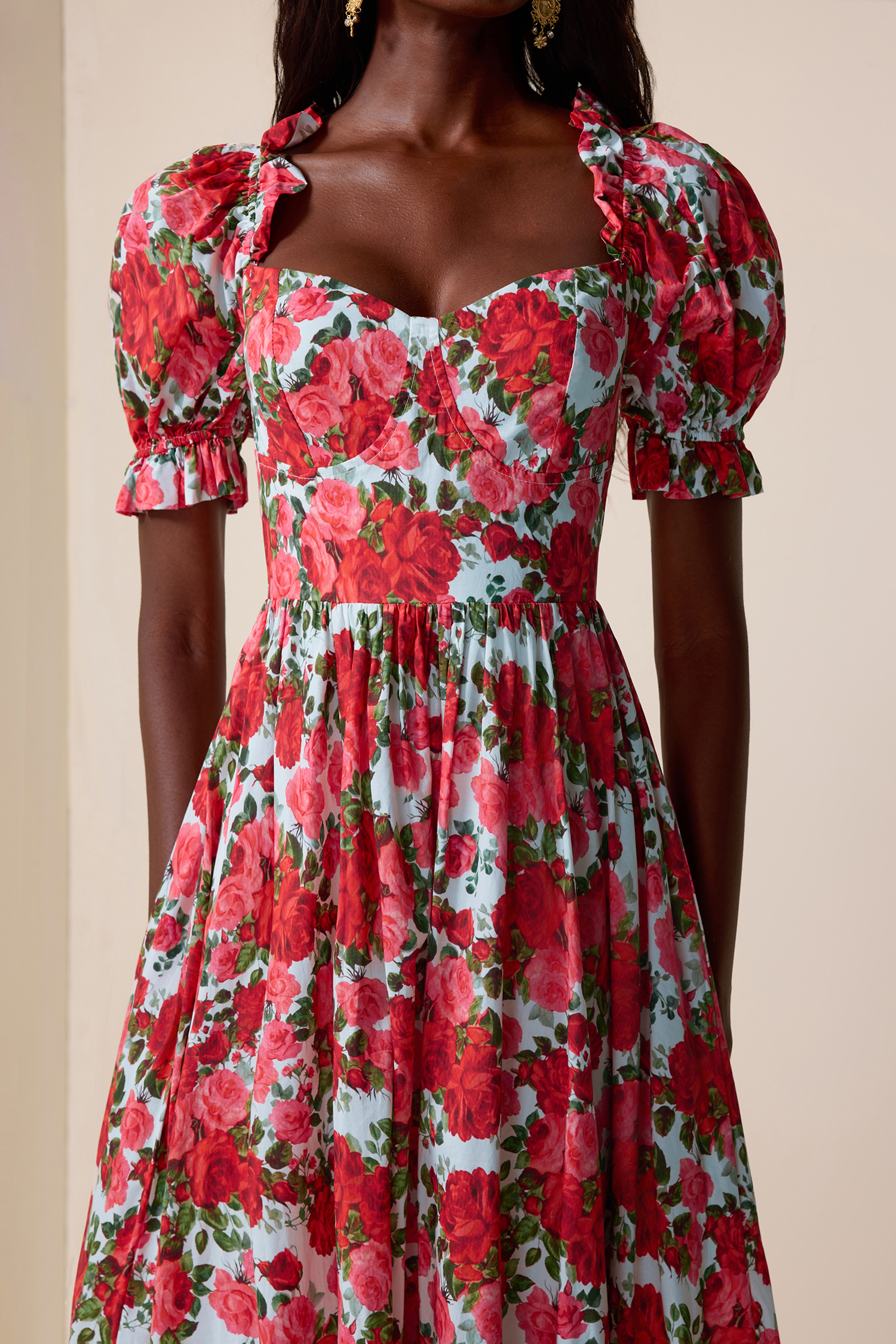 Floral Frill Puff Sleeve Maxi Dress