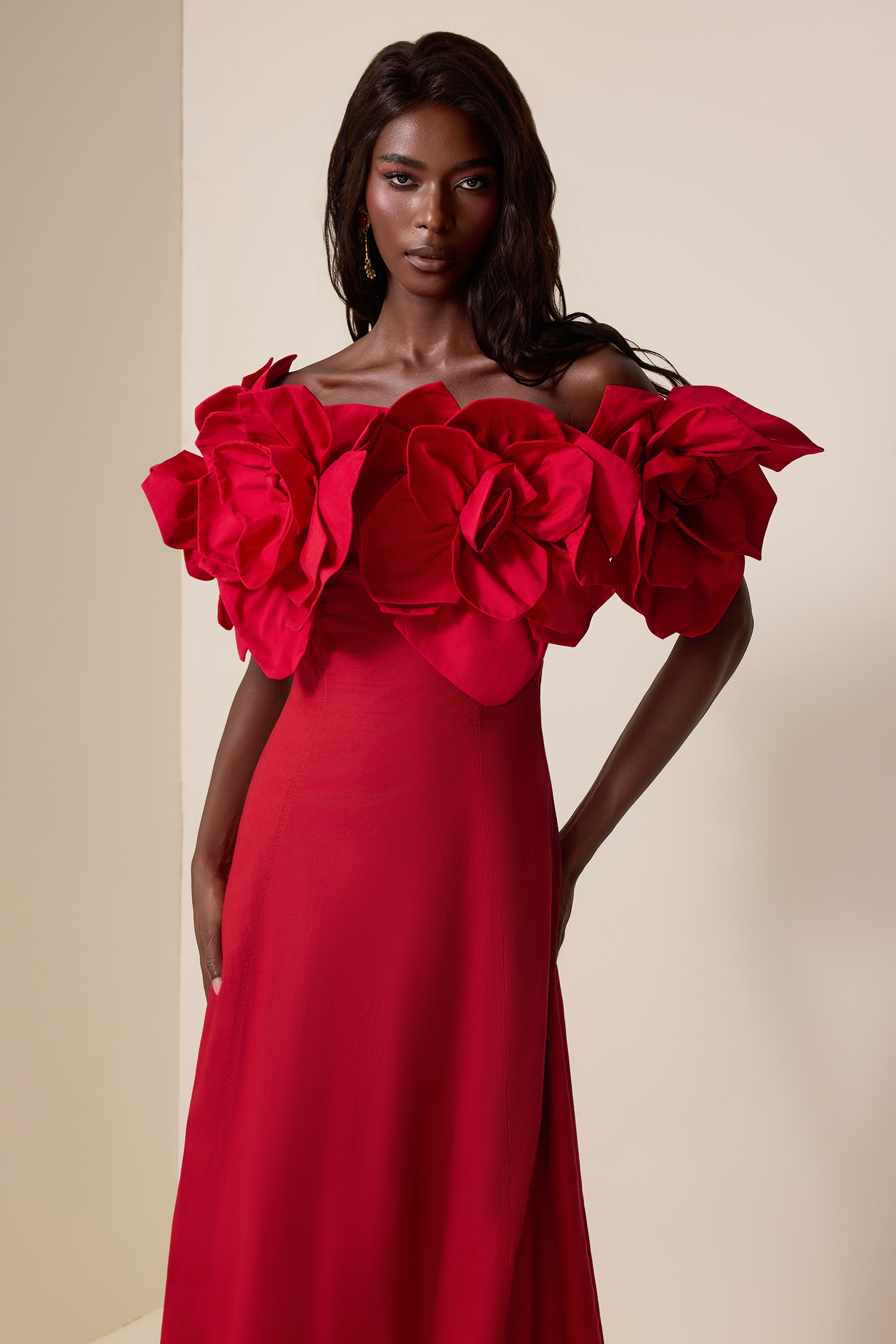 3D Flower Solid Off-Shoulder Midi Dress – JardinVue