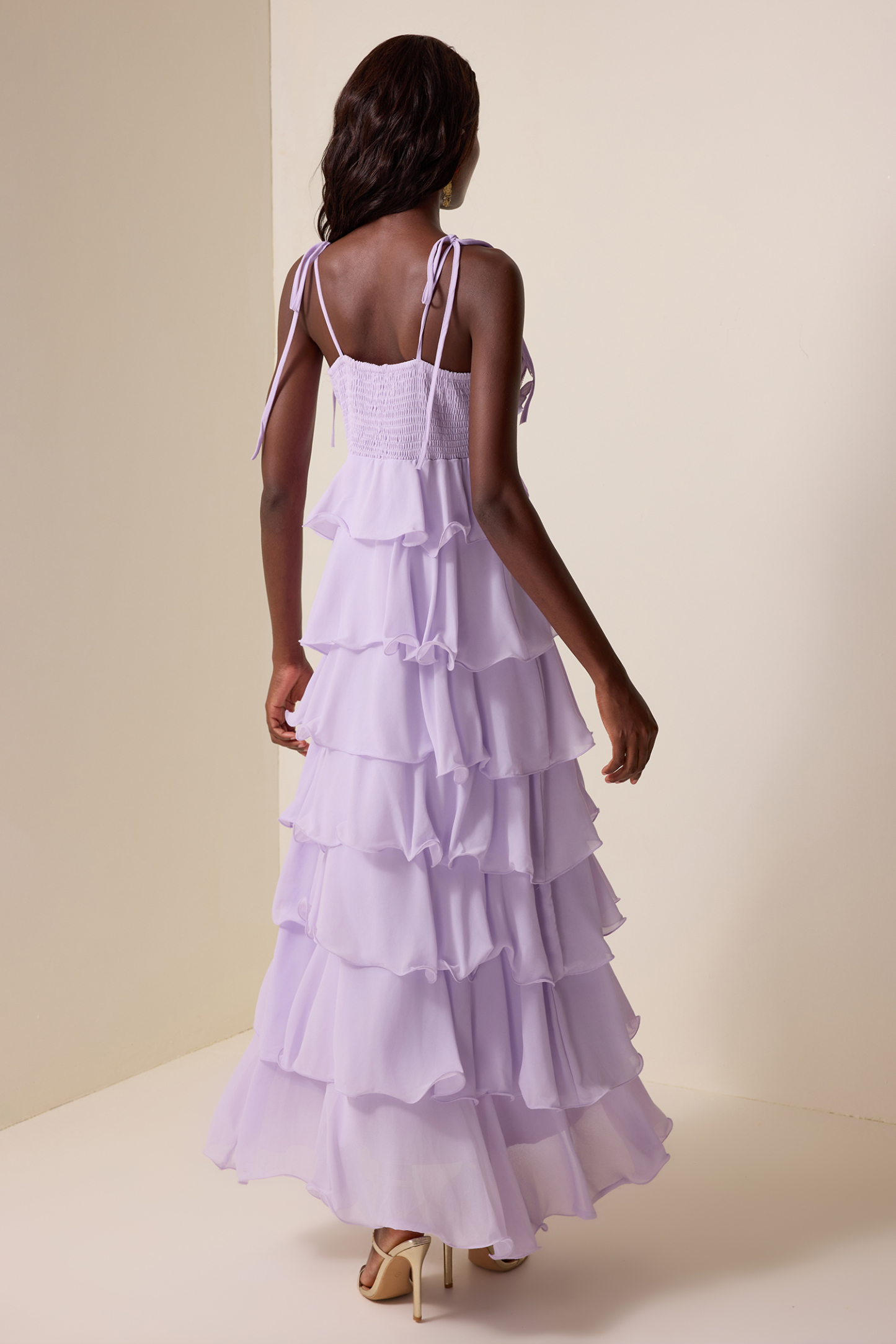 Embroidered Chiffon Ruffle Maxi Dress