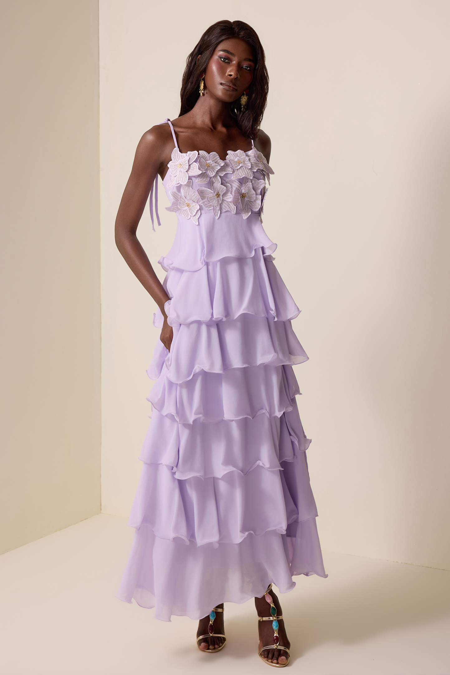 Embroidered Chiffon Ruffle Maxi Dress