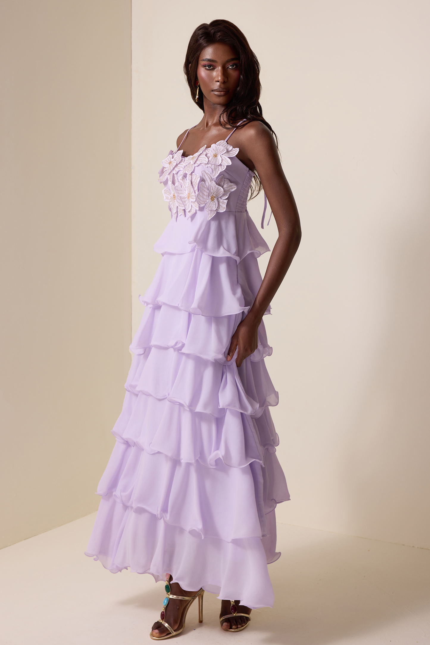 Embroidered Chiffon Ruffle Maxi Dress