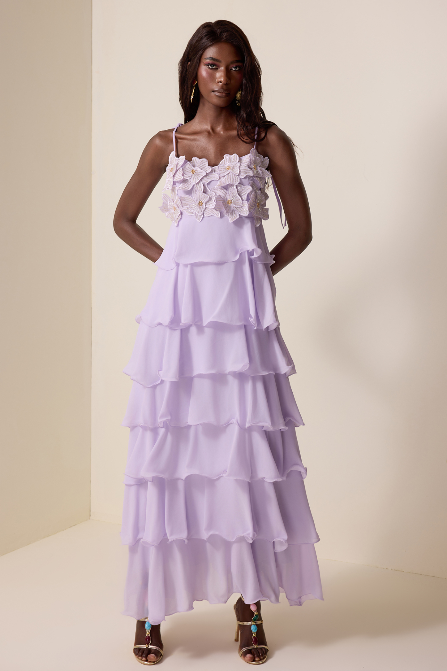 Embroidered Chiffon Ruffle Maxi Dress