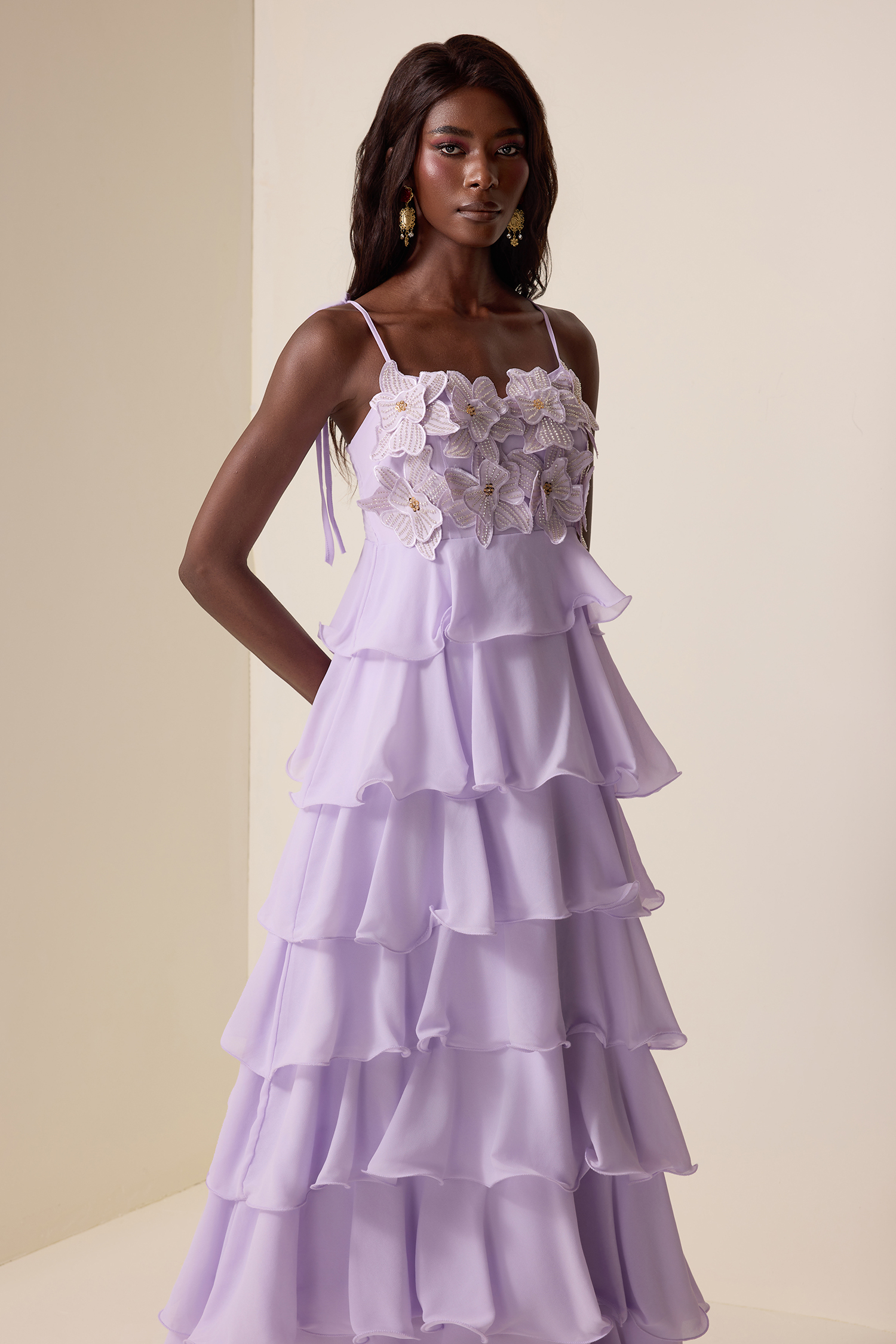 Embroidered Chiffon Ruffle Maxi Dress