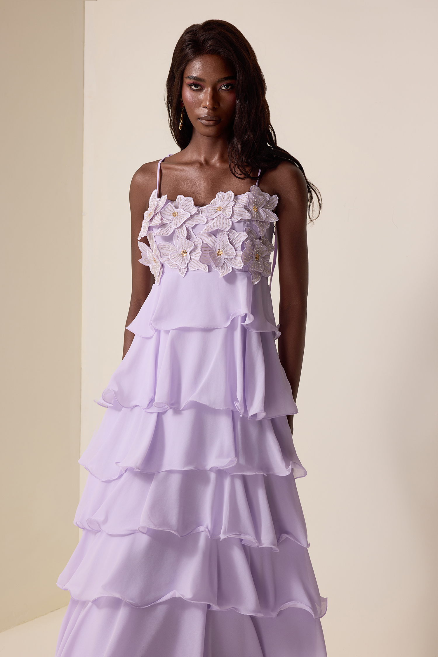 Embroidered Chiffon Ruffle Maxi Dress