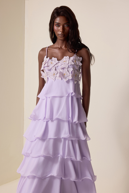 Embroidered Chiffon Ruffle Maxi Dress