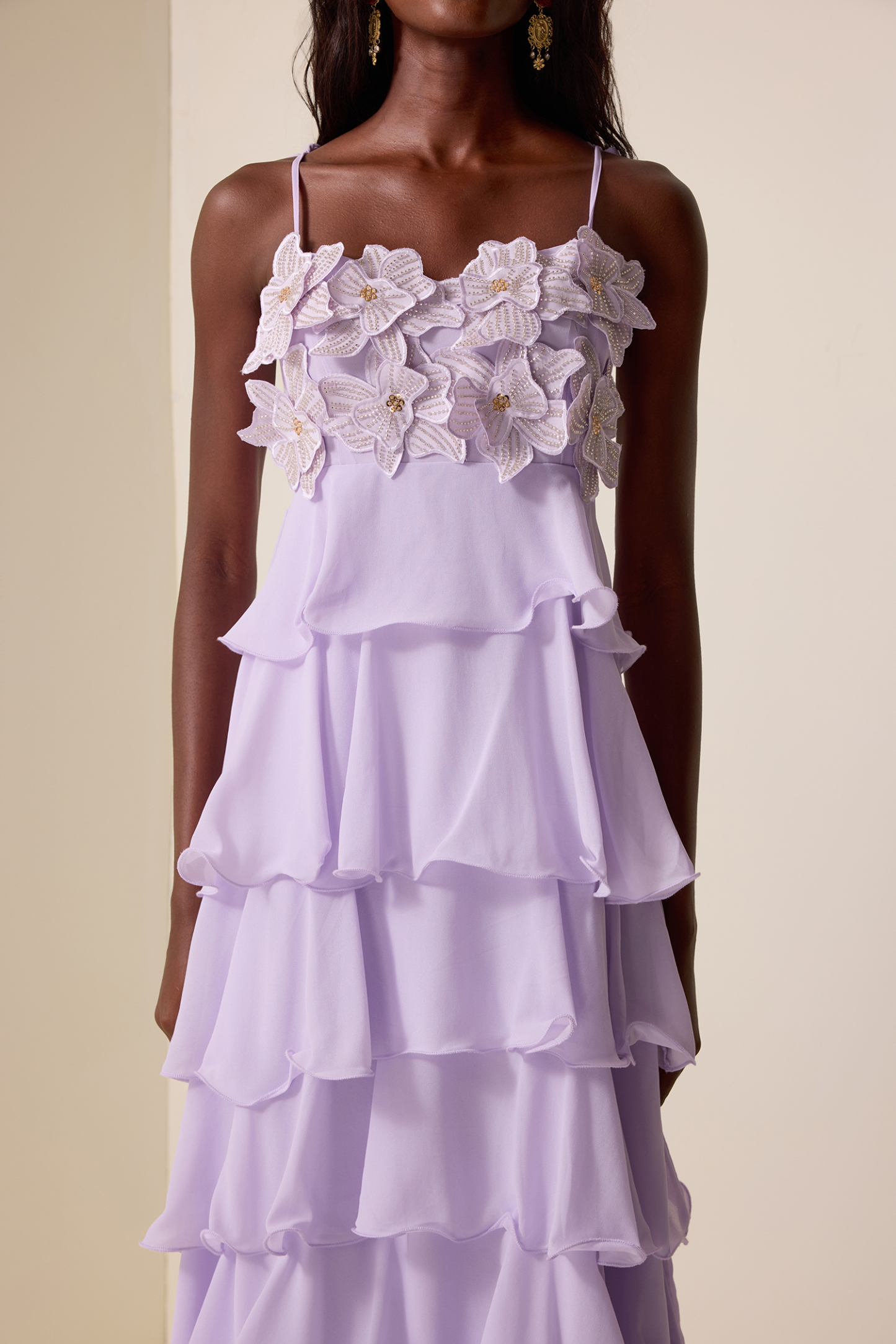 Embroidered Chiffon Ruffle Maxi Dress