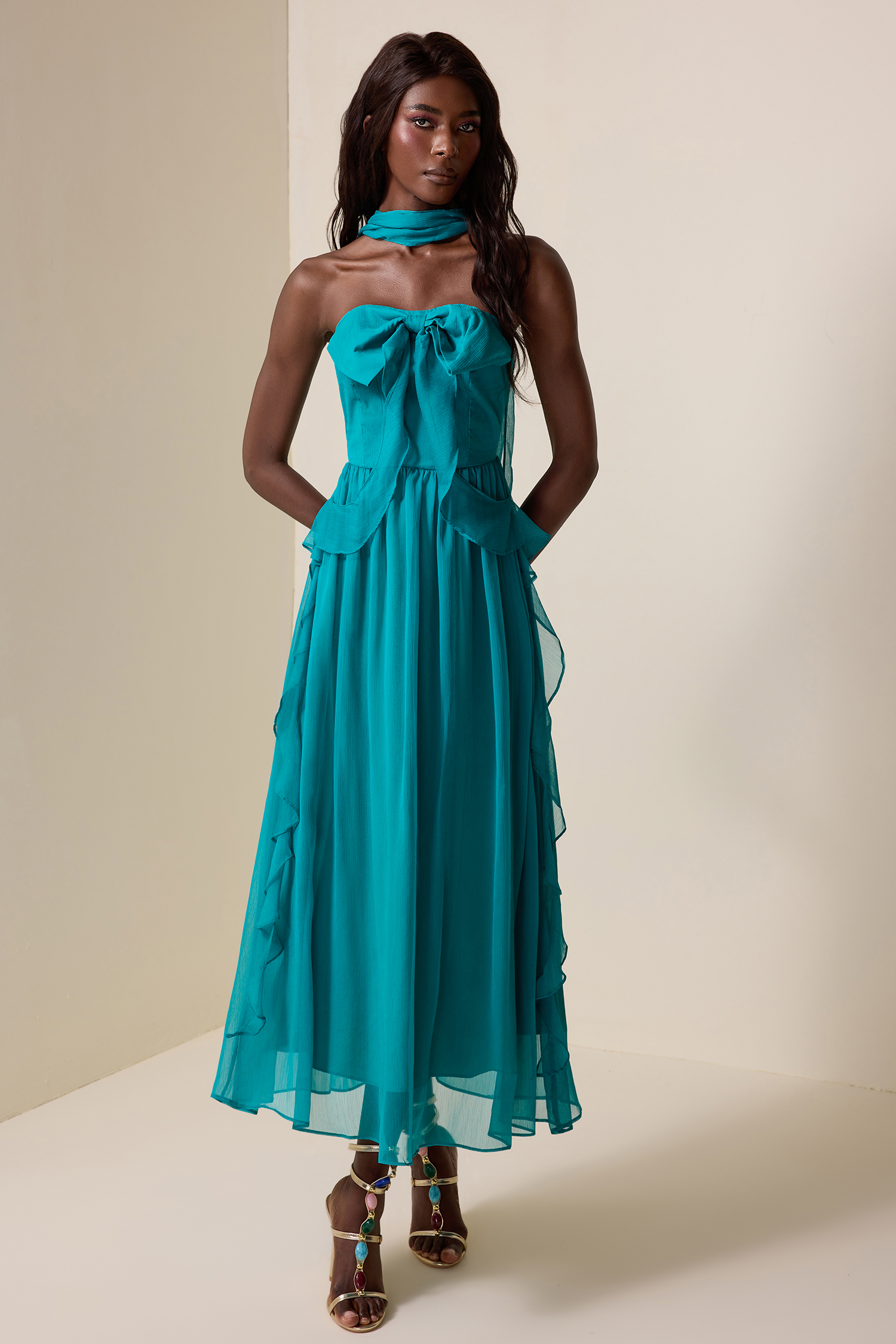 Bow Frill Strapless Midi Dress