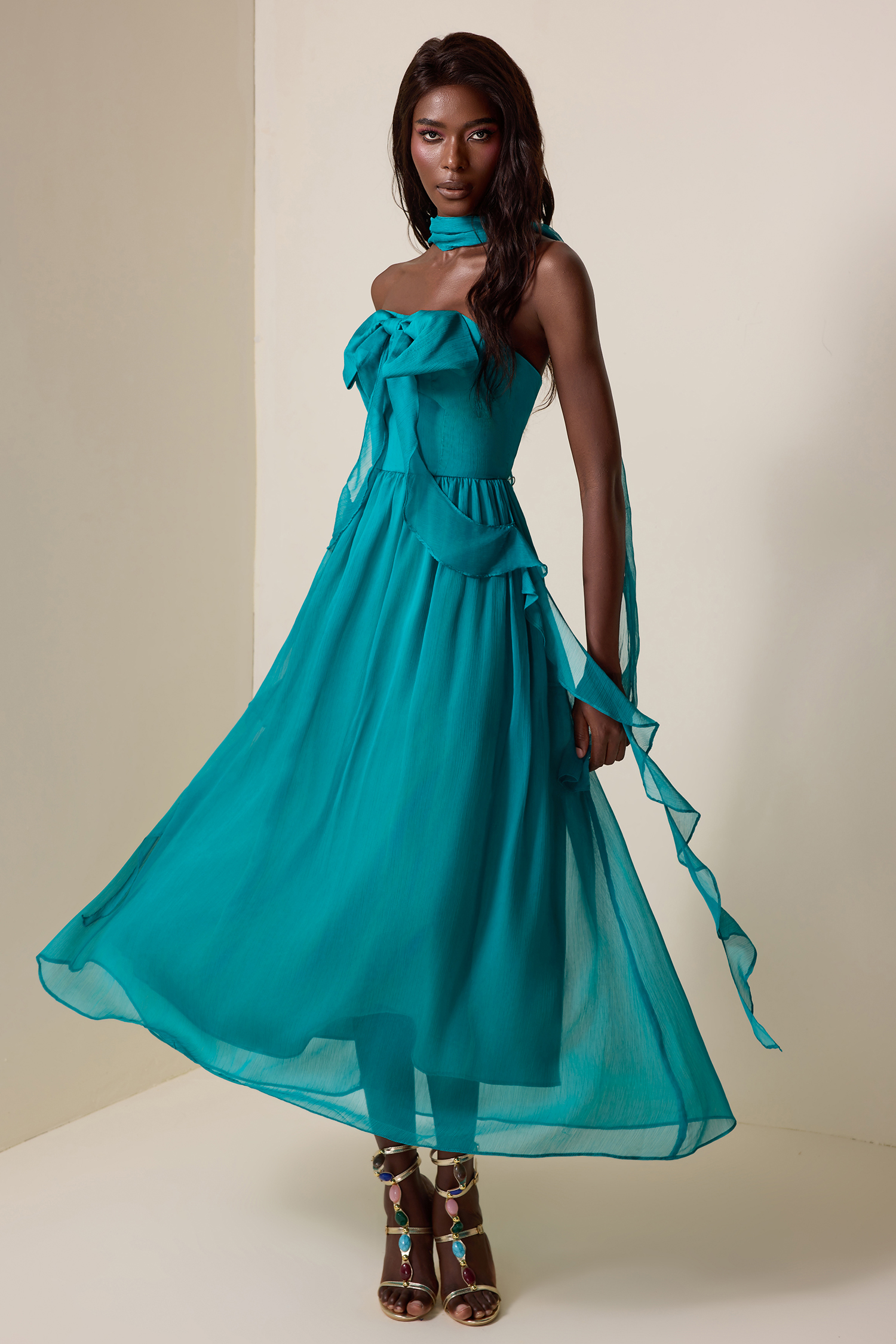 Bow Frill Strapless Midi Dress