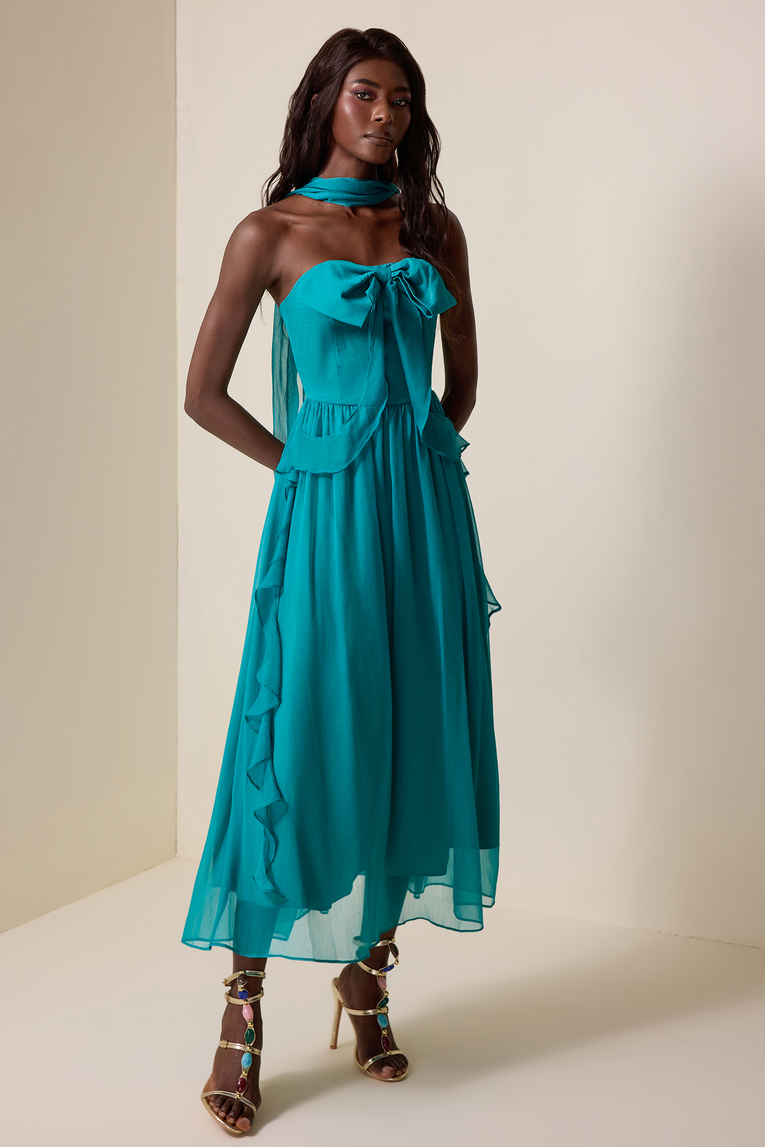 Bow Frill Strapless Midi Dress