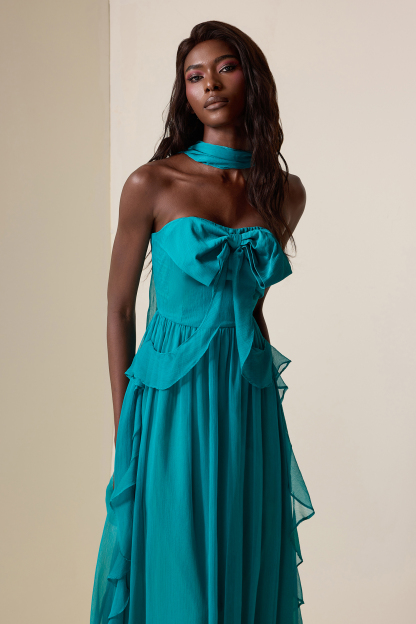 Bow Frill Strapless Midi Dress