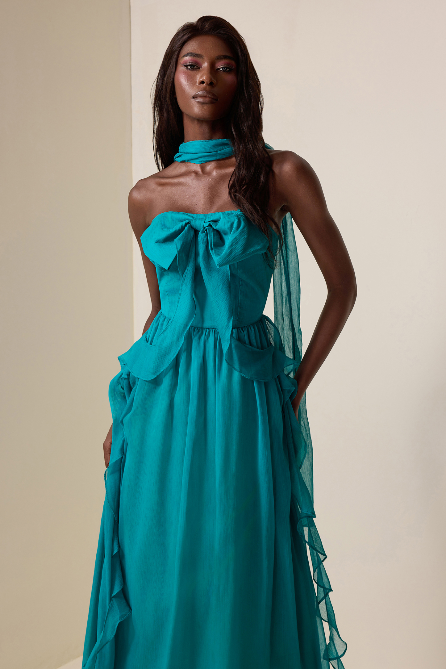 Bow Frill Strapless Midi Dress