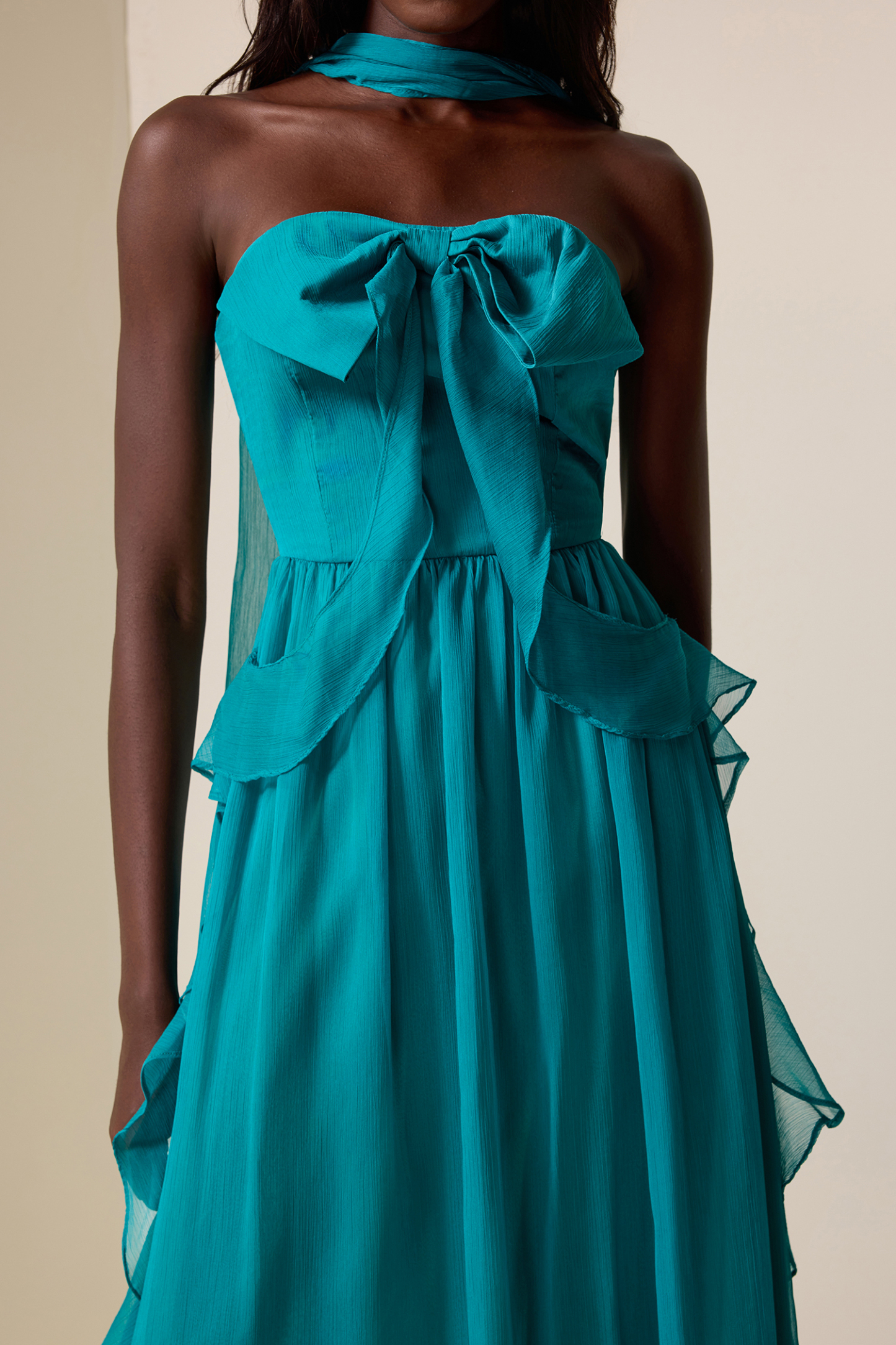 Bow Frill Strapless Midi Dress