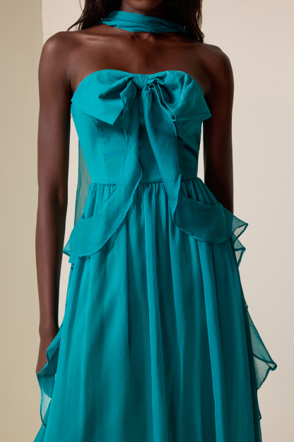 Bow Frill Strapless Midi Dress