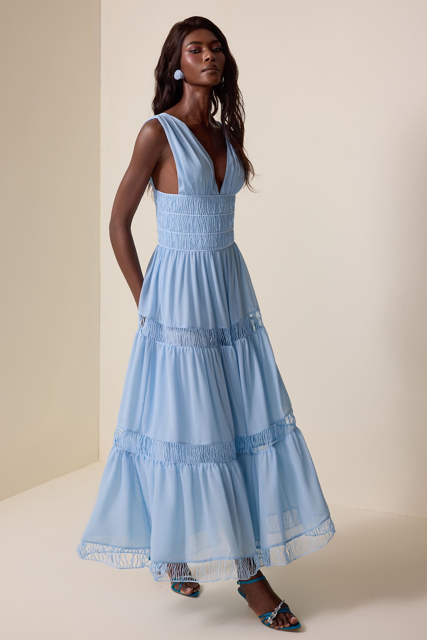 Chiffon V-Neck Sleeveless Midi  Dress