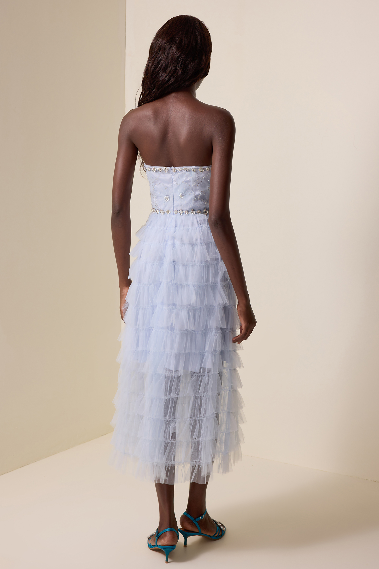 Rhinestone Nail Bead Embroidery Strapless Midi Dress