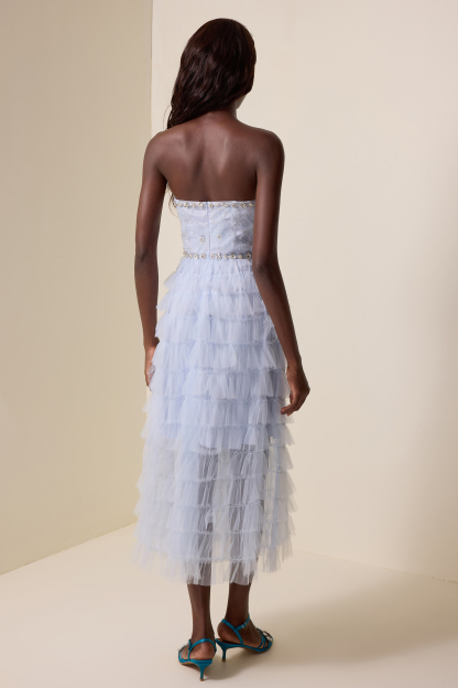 Rhinestone Nail Bead Embroidery Strapless Midi Dress