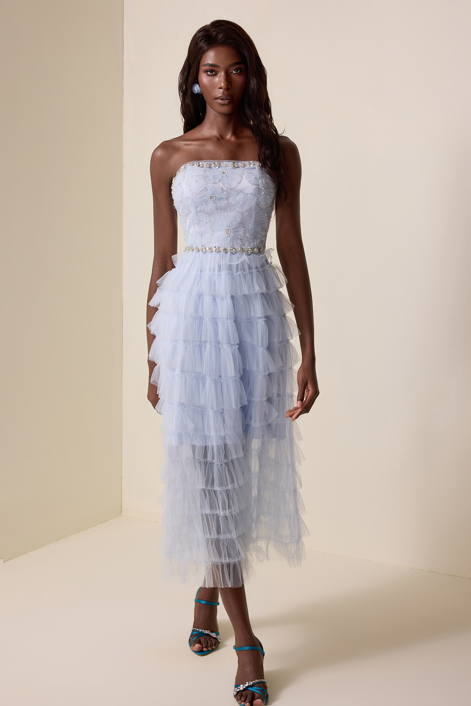 Rhinestone Nail Bead Embroidery Strapless Midi Dress