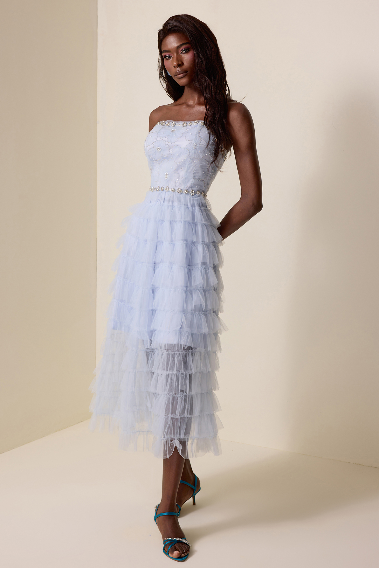 Rhinestone Nail Bead Embroidery Strapless Midi Dress