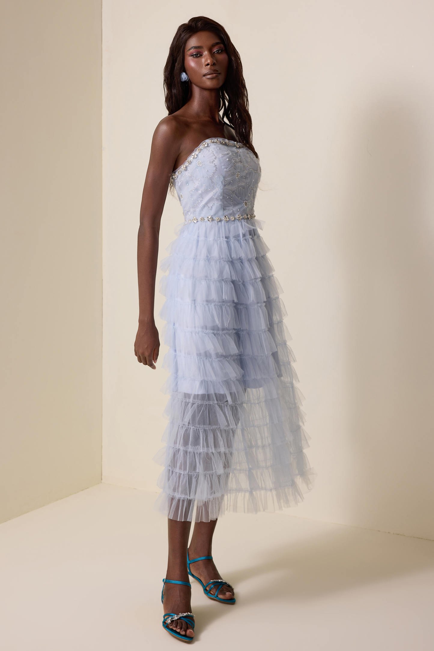 Rhinestone Nail Bead Embroidery Strapless Midi Dress