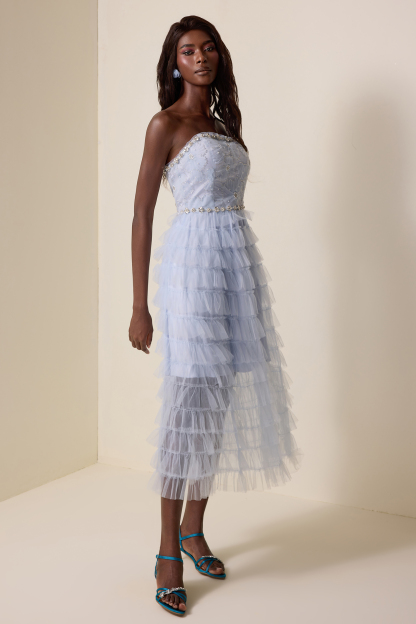 Rhinestone Nail Bead Embroidery Strapless Midi Dress