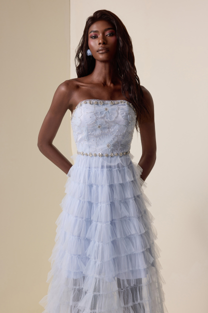 Rhinestone Nail Bead Embroidery Strapless Midi Dress