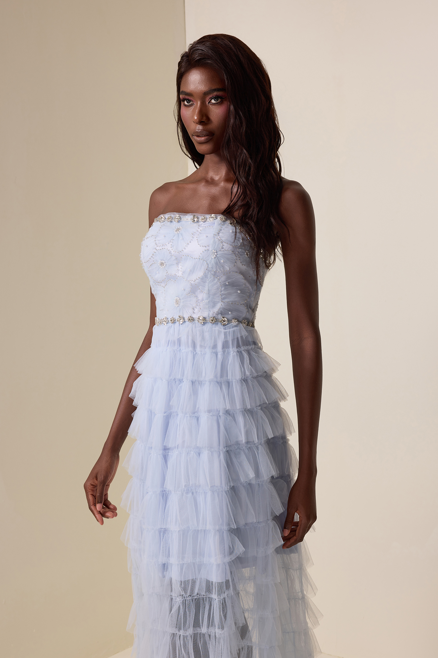 Rhinestone Nail Bead Embroidery Strapless Midi Dress