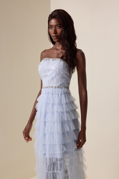 Rhinestone Nail Bead Embroidery Strapless Midi Dress