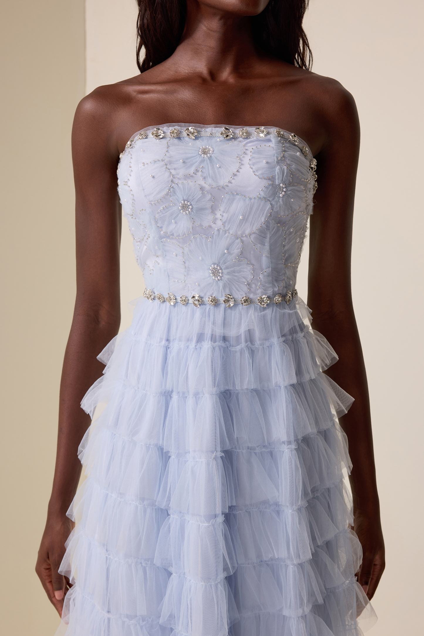 Rhinestone Nail Bead Embroidery Strapless Midi Dress