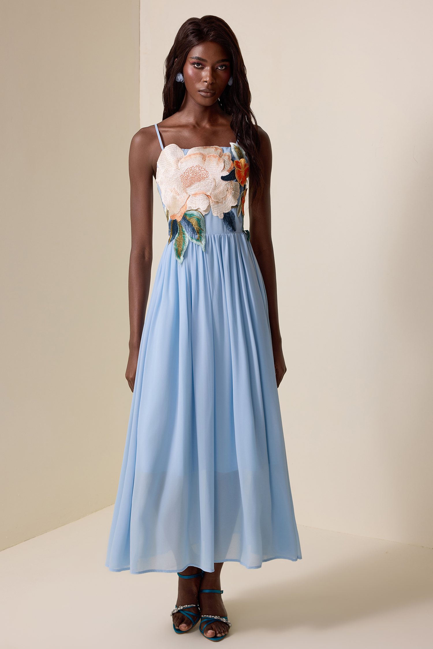 Embroidered Chiffon Slip Maxi Dress