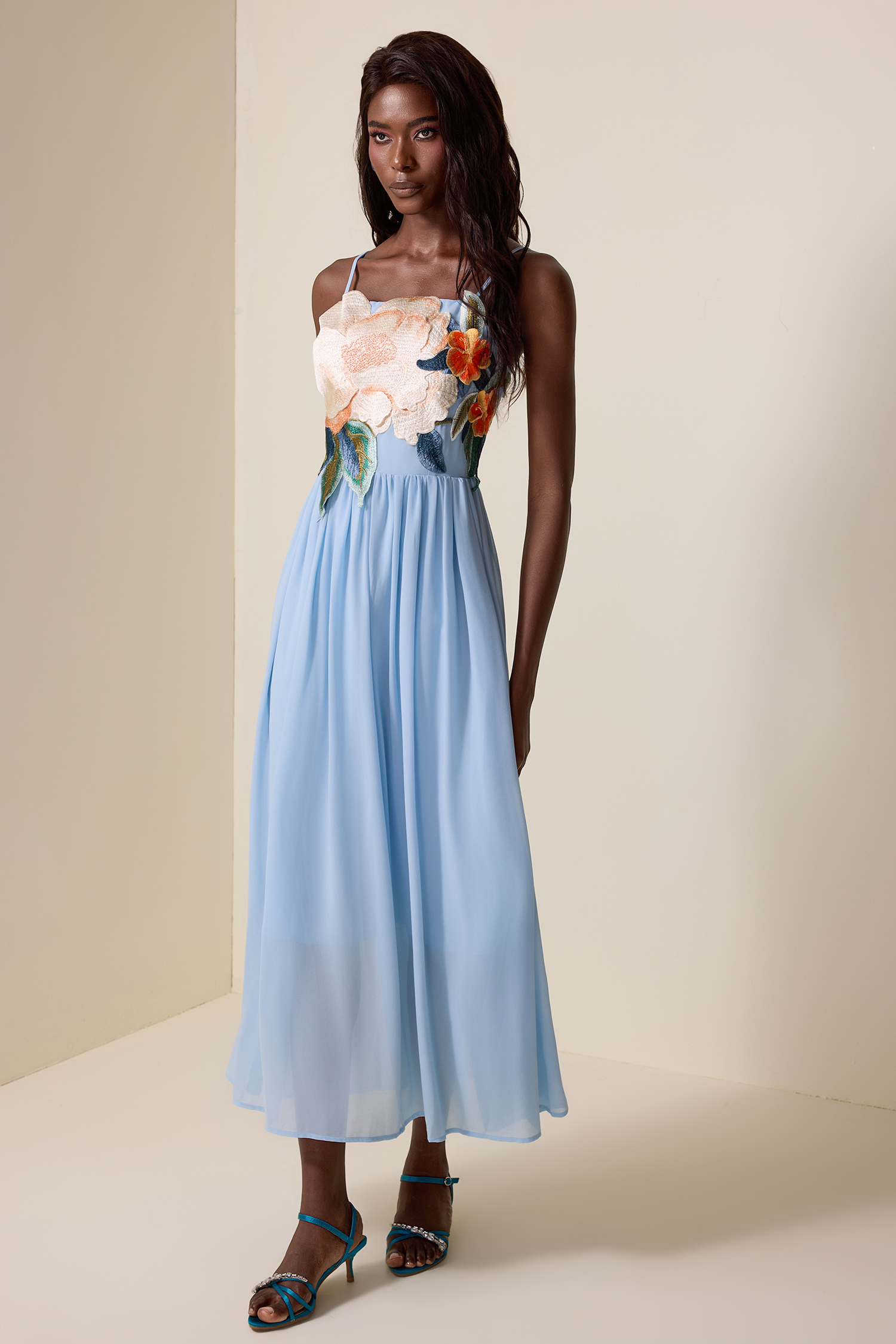 Embroidered Chiffon Slip Maxi Dress