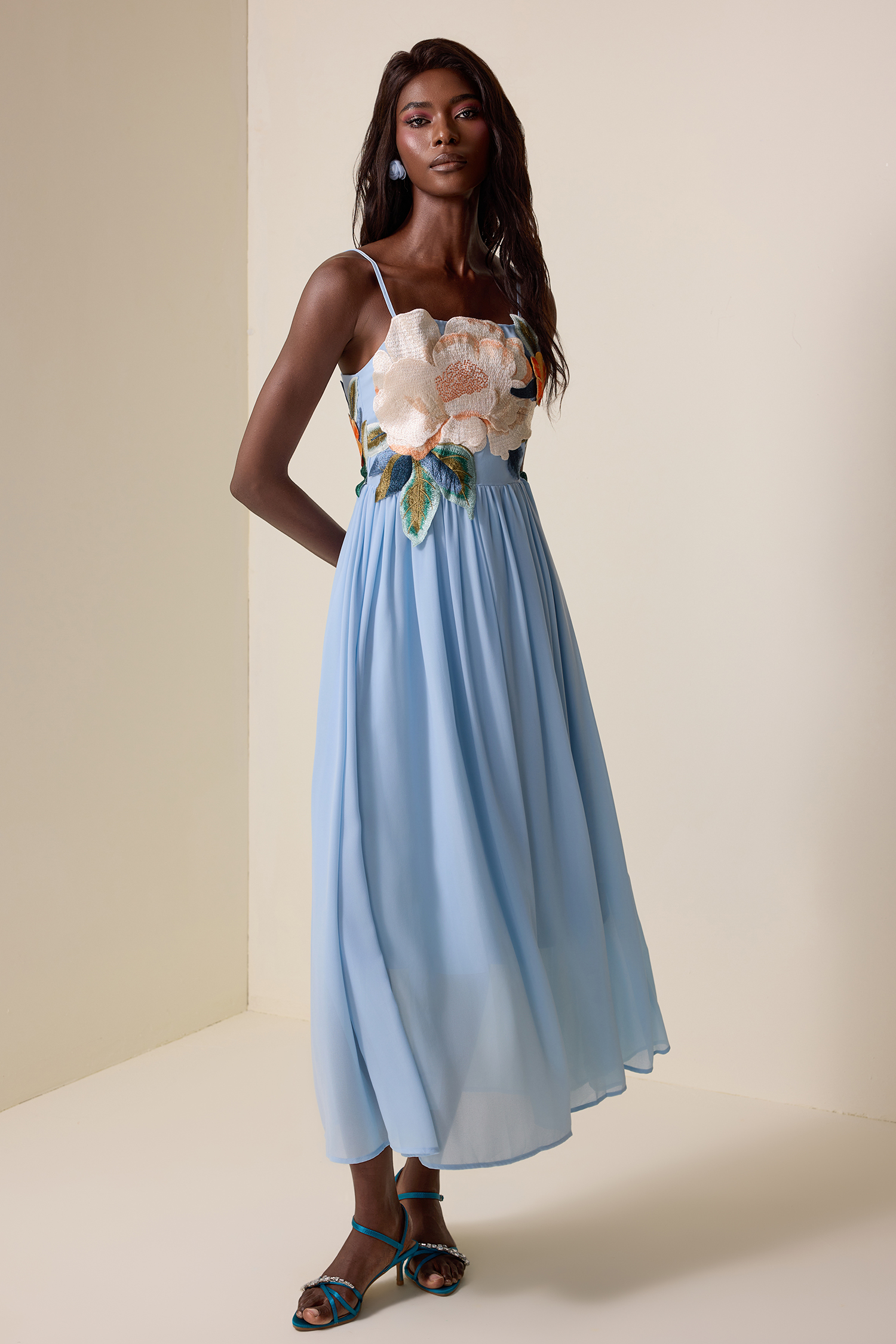 Embroidered Chiffon Slip Maxi Dress