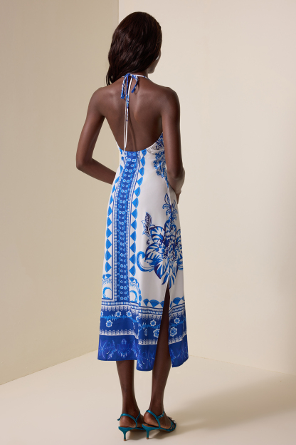 Paisley Print  Backless Halter Neck Midi Dress