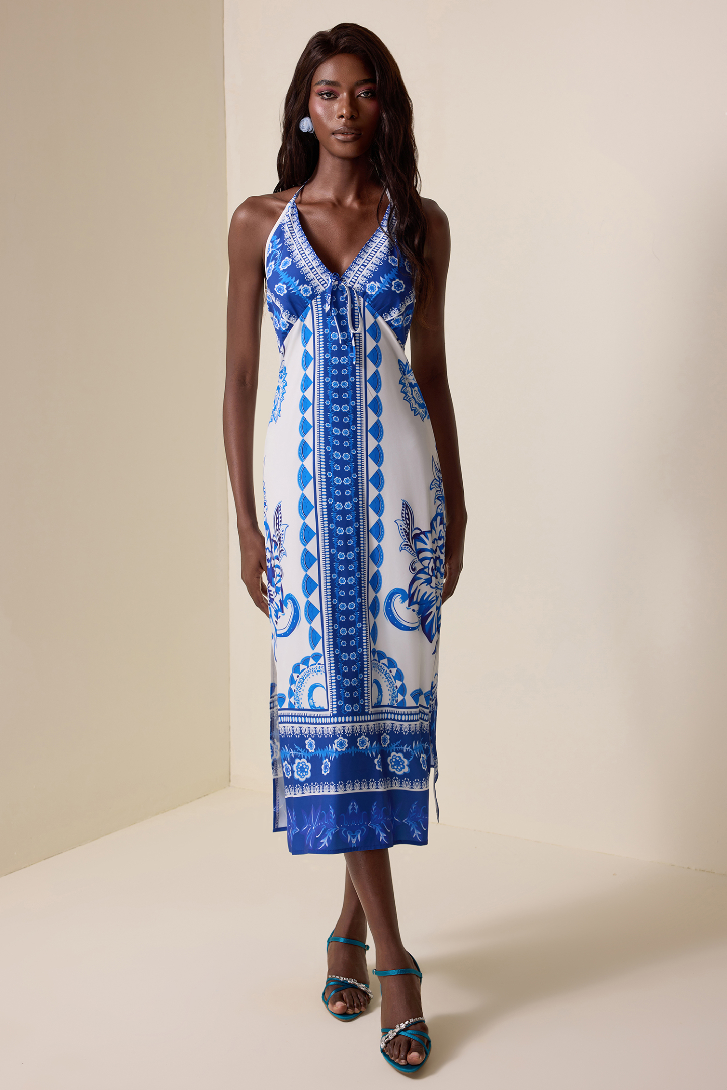 Paisley Print  Backless Halter Neck Midi Dress